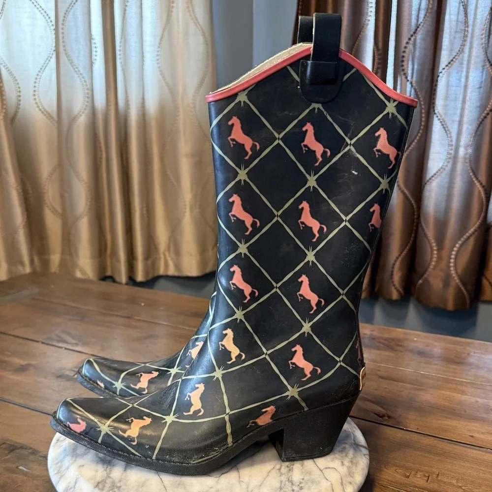 Bit & Bridle Black Pink Argyle Horses Rubber Cowboy Rain Boots Women Sz 9 EU 40